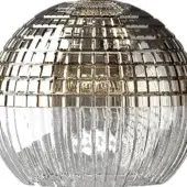 Disco ball with mirrored tiles and strips, dual-hemisphere design, fragmented reflections, white background, studio lighting.