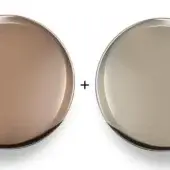 Nickel finish circles, gold-bronze left and shiny silver-gray right, with dark rims, on a white background, plus sign between.
