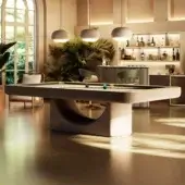 Distinguished Vismara Mono pool table with a neutral beige slate playing surface and lacquered finish crafted by Bellavista & Piccini studio