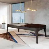 Exclusive Vismara Dandy pool table crafted in Italian leather with Noce canaletto veneer and Simonis wool cloth playing surface