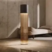Superior VENICEM Chic floor lamp with dark bronze striped structure and amber Murano blown glass trihedrons crafted in Italy with smooth finish