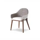 Distinguished 4 Mariani Liv chair with gracefully curved form upholstered in subtly patterned gray and beige textile with satin finished wood base