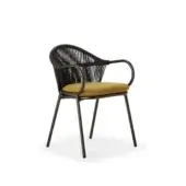 Sophisticated Roberti Rattan armchair with aluminum frame woven in Round Trendyrope and golden-yellow upholstery in dark charcoal finish