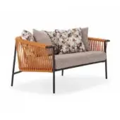 Exceptional Roberti Rattan Corolle sofa with stainless steel frame woven in orange toned Oval Trendyrope and grey white checkered cushions