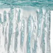 Water texture with turquoise hues distorts a white striated wall, creating refracted light and ripple patterns, referencing transparent laguna glass.
