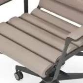 Office chair, dark gray metal frame, light beige horizontally rolled fabric seat and backrest with five casters.