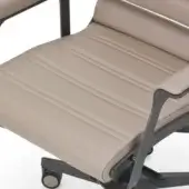 Office chair, beige textured fabric, horizontal quilting; gray metal armrests and frame with casters, minimalist design, white background.