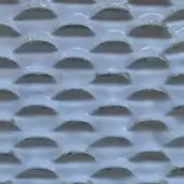 Metal sheet with repeating circular cutouts, light gray color, dome-like raised texture, consistent grid pattern, matte finish, studio backdrop.