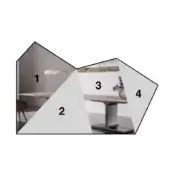 Interior composition of four sections: wood table, gray space, kitchen sink with steel faucet, and room corner with cabinet.