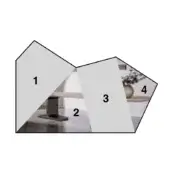 Four section graphic overlay on interior photograph, gray and cream tones, modern room with wood table and potted plant display.