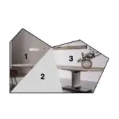 Interior composition with layered scenes: bookshelf, dining table, transitional space, gray polygon overlay, natural lighting.