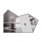 Architectural composition with interiors: light wood dining table, brown chair, gray separator, textured wall, soft lighting, dark polygon frame.