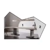 Stone dining table with black metal pedestals, featuring white sculpture, numbers “1” and “2”, gray room, diffused lighting.
