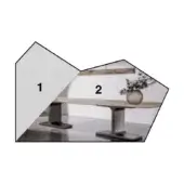 Dining table with light wood top and dark legs, overlaid with gray polygons labeled "1" and "2", blurred interior background.