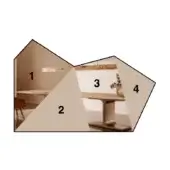 Conceptual arrangement of wood shelving, triangular space, marble table with chair, and textured wood surface in warm browns and creams.