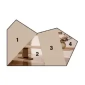 Architectural composition with blurred sections displaying interiors and furniture, muted browns and tans, framed by a dark polygon.