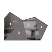 Fragmented architectural composition featuring blurred interiors with wood tables, chairs, stainless steel appliances, and dark cabinetry in grays and browns.