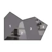 Architectural composition of blurred interiors in grayscale, featuring table, chair, stone surface, window view, and wall detail within black frame.
