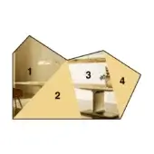 Interior composition of dining, kitchen scenes, yellow block, and textured wall, framed by a dark polygon, with wood and neutral tones.