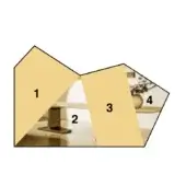 Geometric composition of modern interiors, warm neutrals, fragmented sections displaying wood floors, a black monitor, and a textured vase.