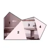 Interior composition of four sections: wood table, pink field, light wood table against neutral wall, and similar table with lighter backdrop.