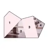 Architectural composition of four sepia-toned interior scenes within a pentagonal frame, pale pink background, black border.
