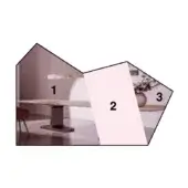 Fragmented interior composition with brown, pink, and triangle sections showing dining table, chair, counter with decor, soft lighting.