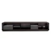 Herman Sideboard A, dark brown walnut, rectangular cabinet with recessed drawer pulls, open compartments, and minimalist design.