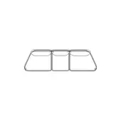 Minimalist three-section frame with black linear design, featuring angled rectangular openings and a stepped trapezoidal profile on a white background.