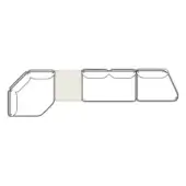 Modular seating system, dark gray outline, hexagonal and rectangular forms connected by a light beige fabric panel, minimalist design.