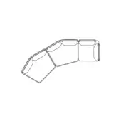 Modular sofa section line drawing, white background, five rectangular modules, curved asymmetrical form, minimalist design, black outlines.