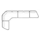 Modular sectional sofa line drawing, black on white, L-shape with extension, rectangular modules, rounded edges, technical illustration.