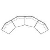 Curved sectional sofa, light gray fabric, pentagonal modules with black metal frame, continuous arcing form, contemporary design, white background.