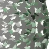 Butterfly textile pattern with silver, green, and black motifs on dark gray, repeated on a curved surface with a textured appearance.