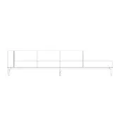 Modular sofa black and white line drawing, rectangular sections, tapered legs, minimalist design, layered horizontal panel detail.