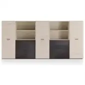 Modular storage unit, beige wood-grain and dark brown, six sections with cabinets and open shelving, horizontal handles.