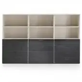 Modular storage unit, matte white and black lacquer, three vertical sections with open shelving above and three drawers below.
