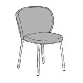 Dining chair, gray fabric upholstery, rounded back with black outline, light wood tapered legs, product rendering with text label.