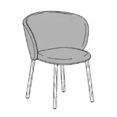 Gray upholstered chair with curved back, dark trim, and light wood tapered legs; studio product shot labeled “colombina finewood – version b”.