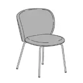 Gray fabric dining chair with curved backrest, black outline, and silver metal splayed legs with circular base.