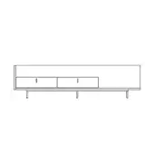 Axium TV stand, black and white line drawing, rectangular form with two cabinets and two drawers, minimalist design, slender legs.