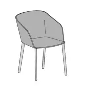Gray fabric armchair with molded high back and cylindrical matte gray legs, minimalist design, studio shot with product label.