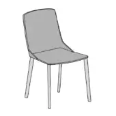 Gray fabric dining chair with curved backrest and angled metal legs, studio shot, minimalist design, “amida metal – version d” label.