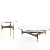 Exceptional Porada Joint coffee table with round clear glass top and solid Canaletto walnut base in brushed brass metal finish