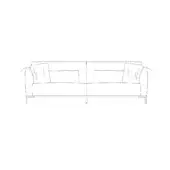 Three-seater sofa, black line drawing, rectangular form with low profile, curved armrests, square cushions, cylindrical legs.