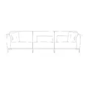 Three-seater sofa line drawing, white background, rectangular shape, angled backrest, cylindrical metal legs, square throw pillows.