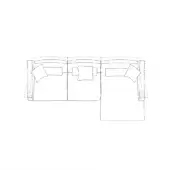 Sectional sofa line drawing, gray, with chaise lounge, square pillows, curved silhouette, modern design, white background.