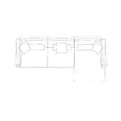 Sectional sofa line drawing, gray, L-shape with chaise, three cushions, rectangular seats, curved backrests, dashed outline, white background.