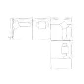 Modular sectional sofa line drawing, chaise lounge, rectangular form, four square pillows, schematic furniture representation.