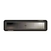 Media console, dark gray, rectangular form with textured surface and double-arrow emblem, featuring recessed panels and dot-patterned accents.